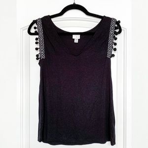 Black Boho Pom Pom V Neck Tank Top